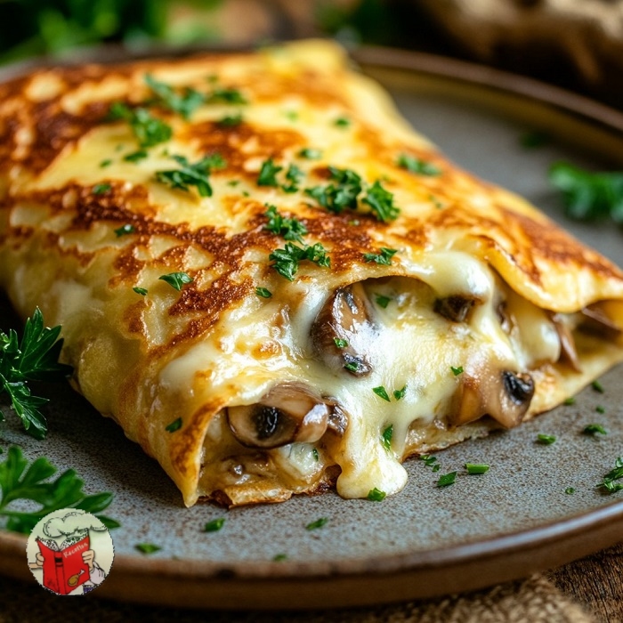 Crêpes salées aux champignons, herbes et fromage fondu