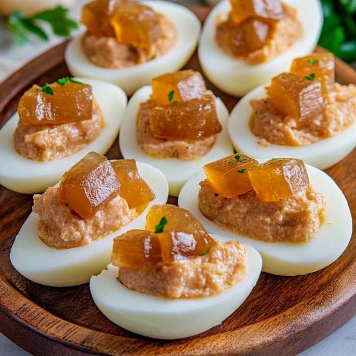 Œufs farcis au thon et chutney d’oignons caramélisés