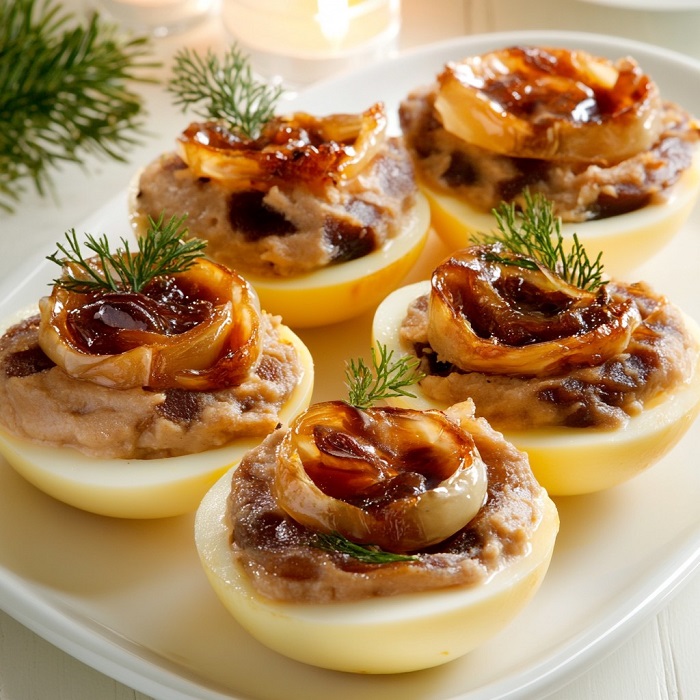 Œufs farcis au foie gras et oignons caramélisés