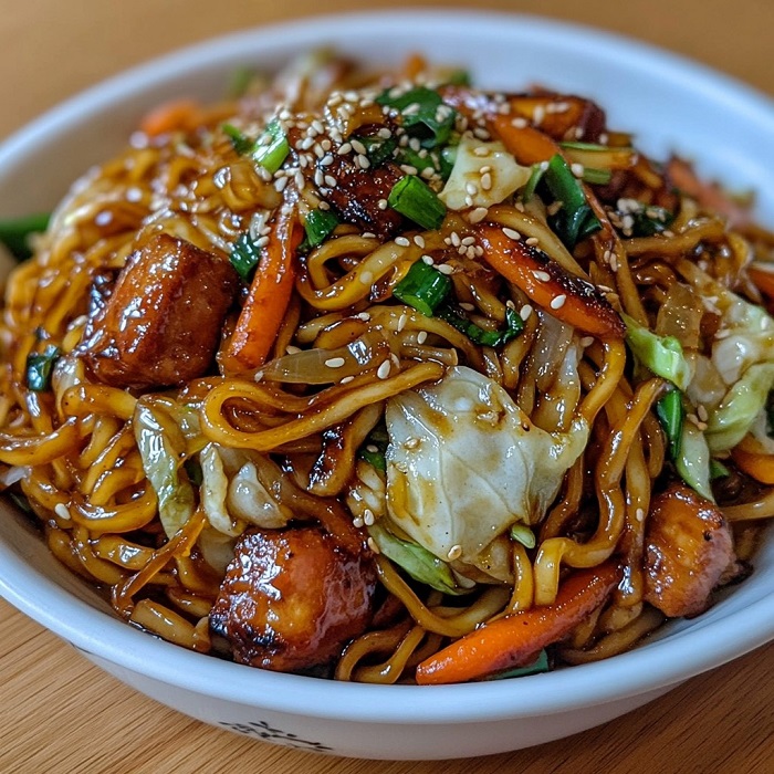 Wok de nouilles au poulet laqué, chou & carotte