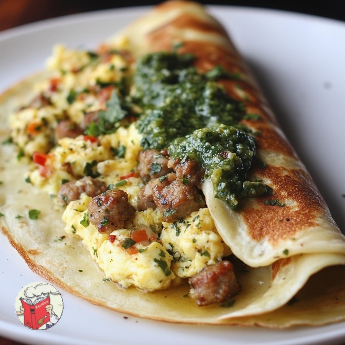 Crêpe fourrée à la saucisse, aux œufs brouillés et à la salsa verde
