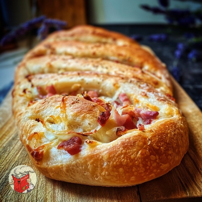 Fougasse garnie de fromage fondant et de lardons