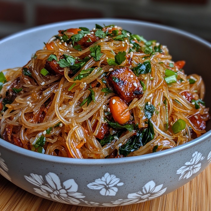 Wok de vermicelles de riz laqués au porc, carotte & herbes