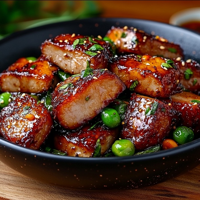 Porc caramélisé au sésame & petits pois